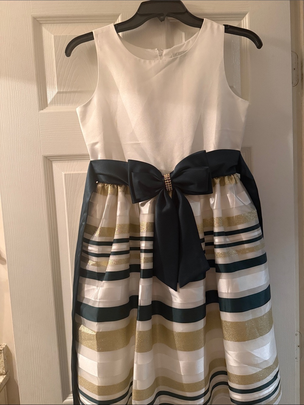 Rare Editions White, Gold and Navy Striped Party Dress with Navy Bow
